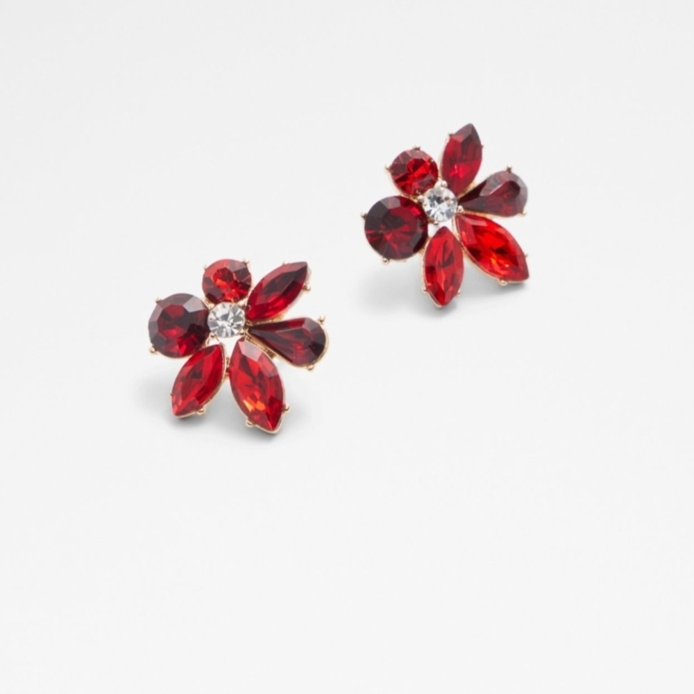 Aldo Red Crystal Flower Stud Earrings Comes W Accessory Pouch